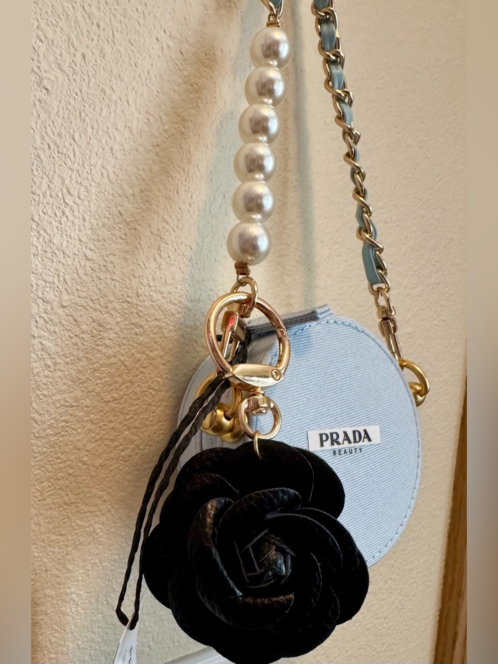 Prada Beauty Light Blue Round Pouch with gold chain Pearl Strap - Picture 4 of 8
